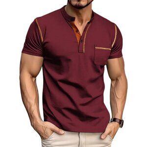 Mens Maroon Short Sleeve Henley T Shirt With Pocket And Stylish Trim Design